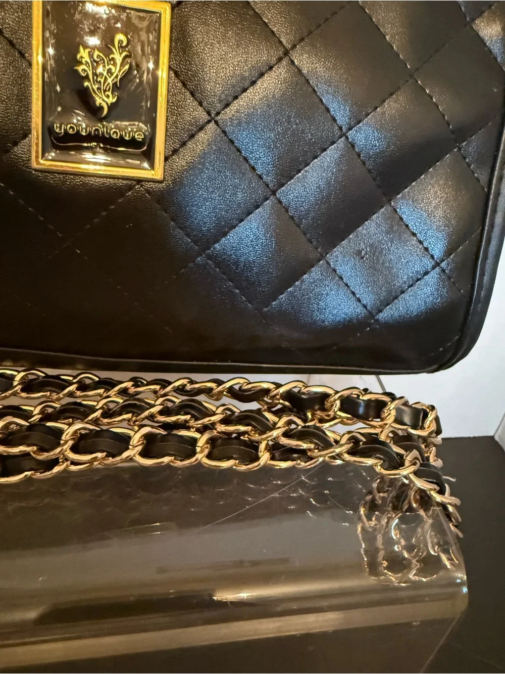 Younique Black Faux Lesther Quilted Crossbody with Gold Chain